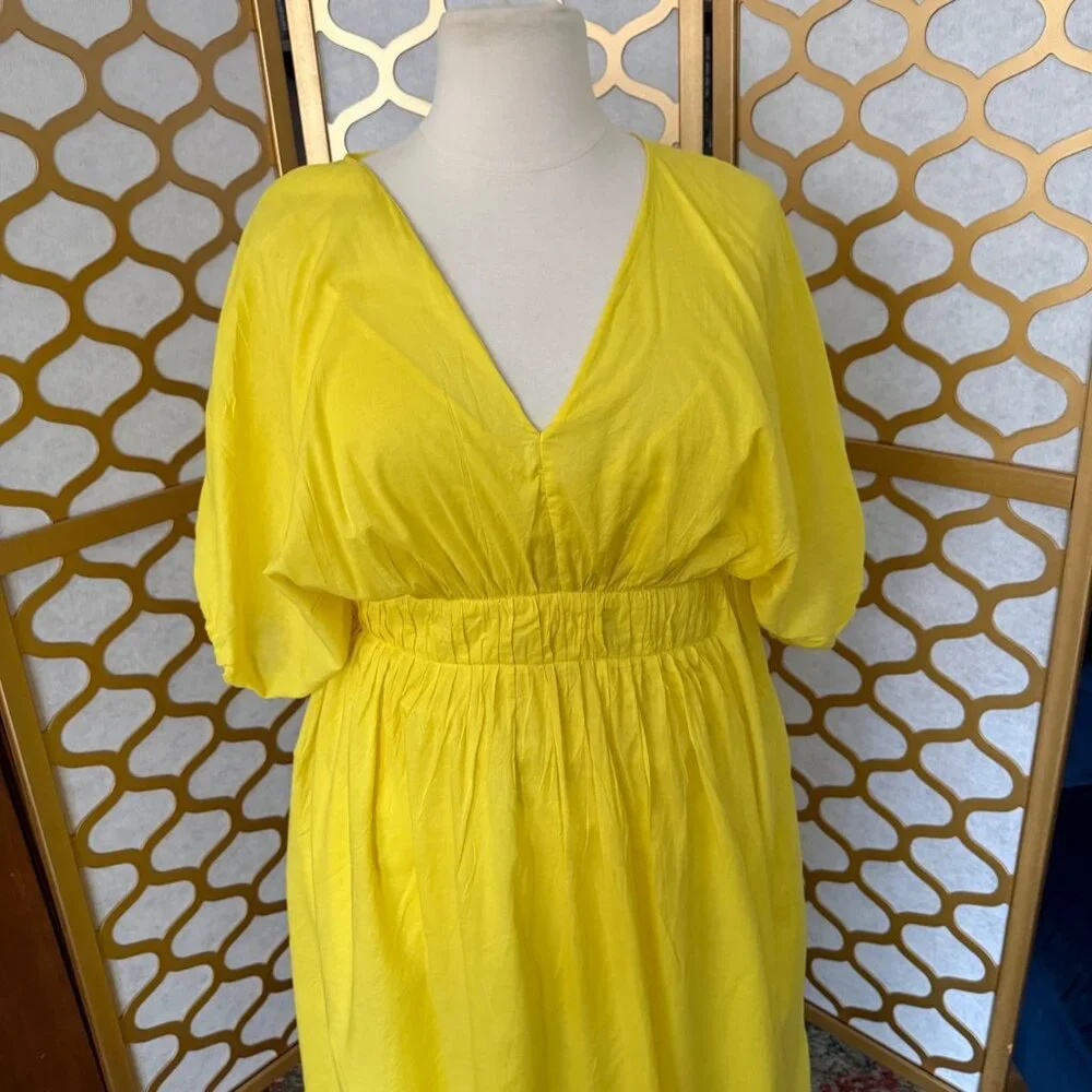 Banana Republic Size XL Yellow Lemon Candy Voile Elbow Sleeve V-Neck Midi Dress - Picture 9 of 16